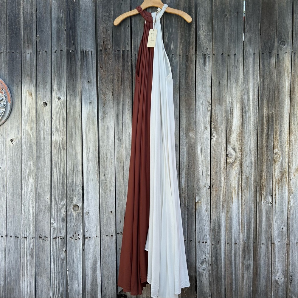 NWT Anthropologie Letmebe Colorblock Halter Maxi Dress Viscose Copper White XL